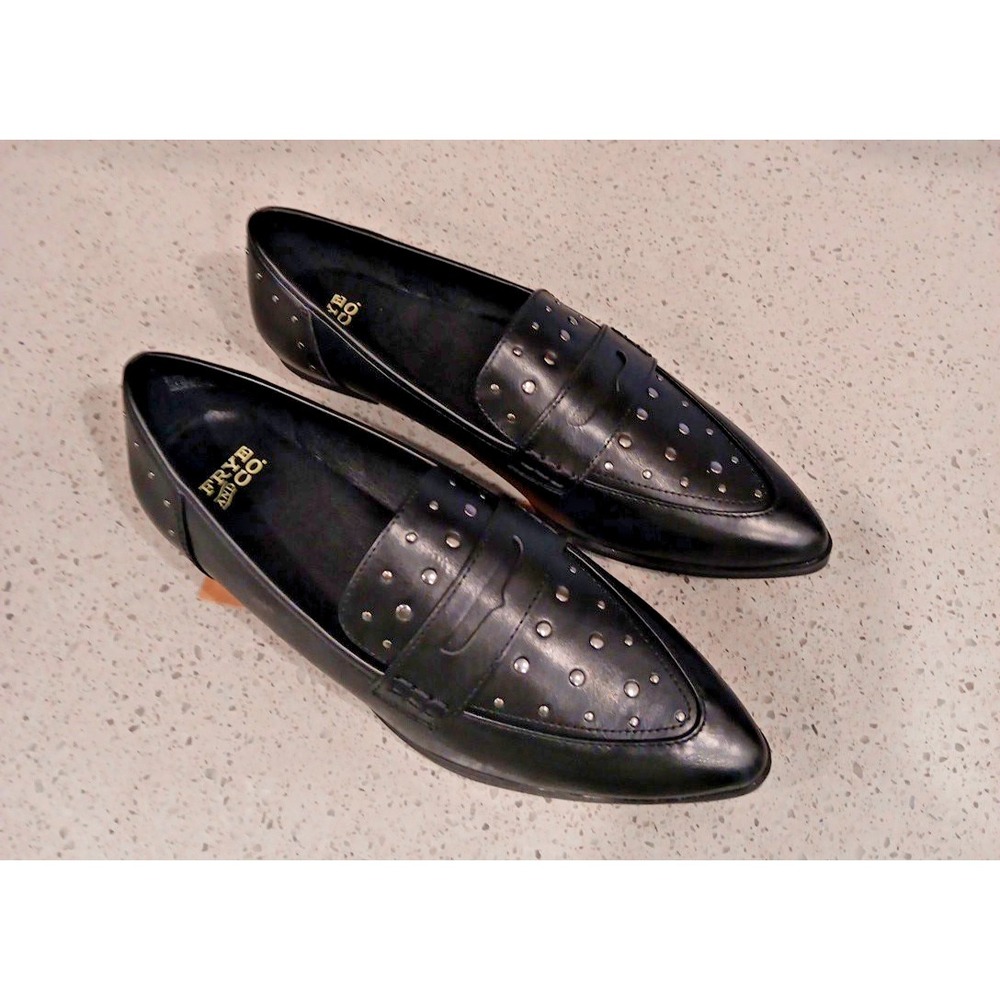NWT FRYE & CO BLACK FAUX LEATHR Moccasins STUDDED Penny Loafers FLATS  8M ELARA